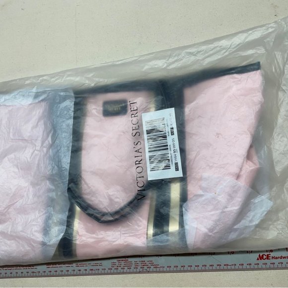 New Victoria's Secret Pink Canvas with Black Gold Stripe Weekender Tote Bag - Picture 5 of 11